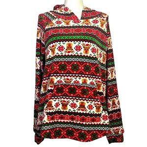 Ugly Christmas Sweater Hoodie Fair Isle Print Velvety Velour Front Pocket OS